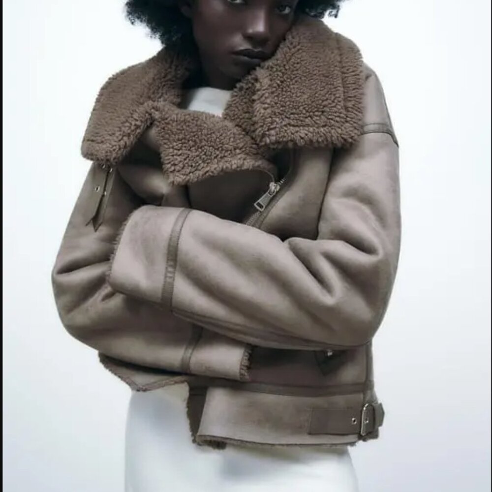 Zara Brown Shearling Leather Jacket